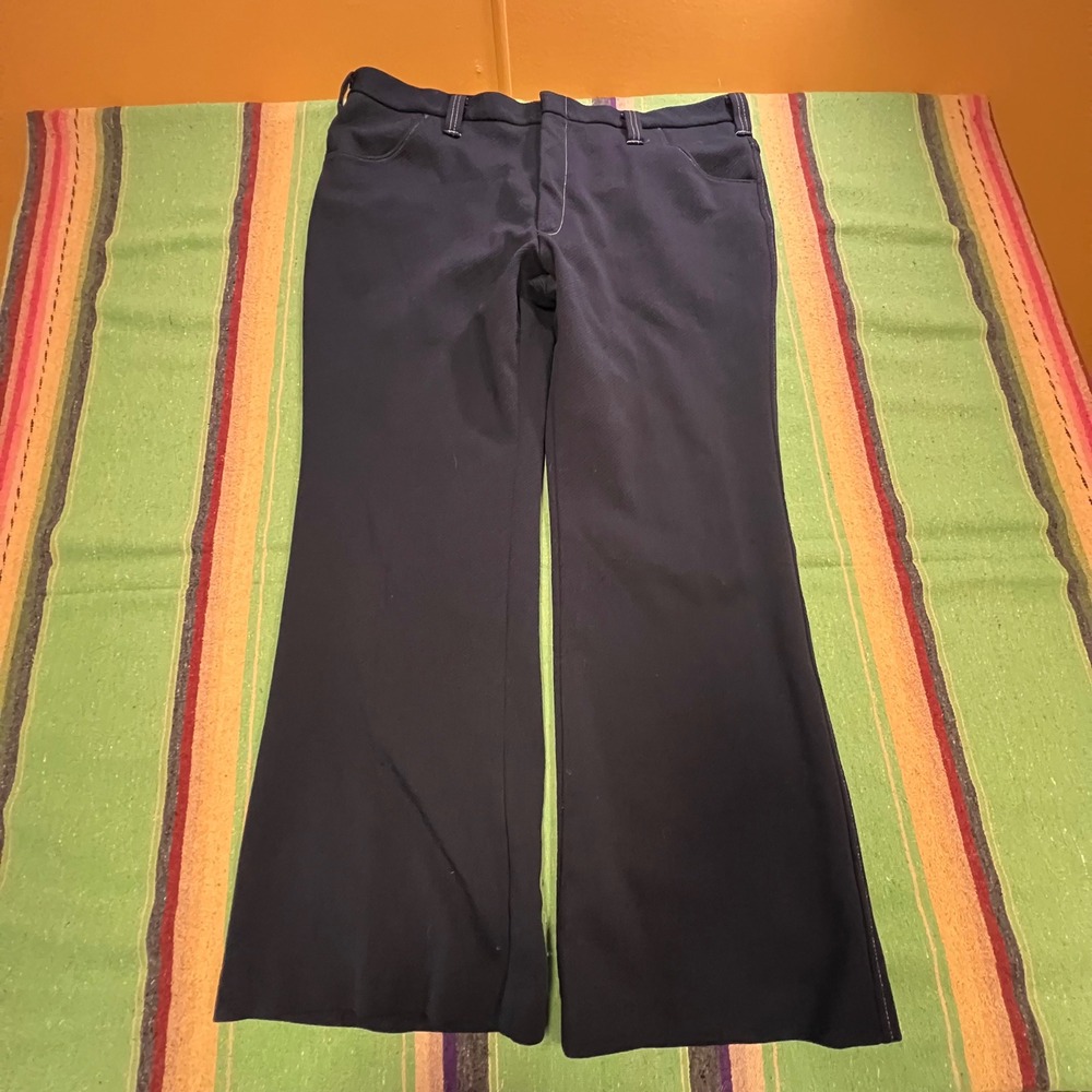 Tobias Flare Pants Mens 34 Navy Blue Vintage 70s Textured Contrast Stitch Disco
